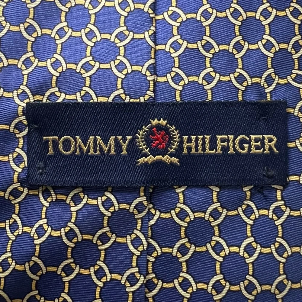 Tommy Hilfiger 100% Silk Designer Tie Blue‎ Geometric Preppy Necktie US-Made